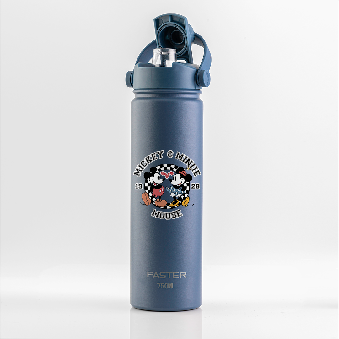 Garrafa Térmica Faster Strap Azul Jeans Mickey Amor em Preto e Branco - 750ml